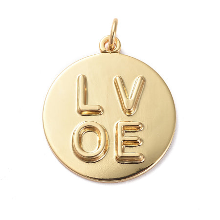 Add a touch of love to your favorite bracelet or necklace with our “Love” Pendant Charm. This charming round design features elegant gold color, making it a perfect addition to any jewelry collection. Show yourself or loved ones how much you care with this versatile and timeless charm.