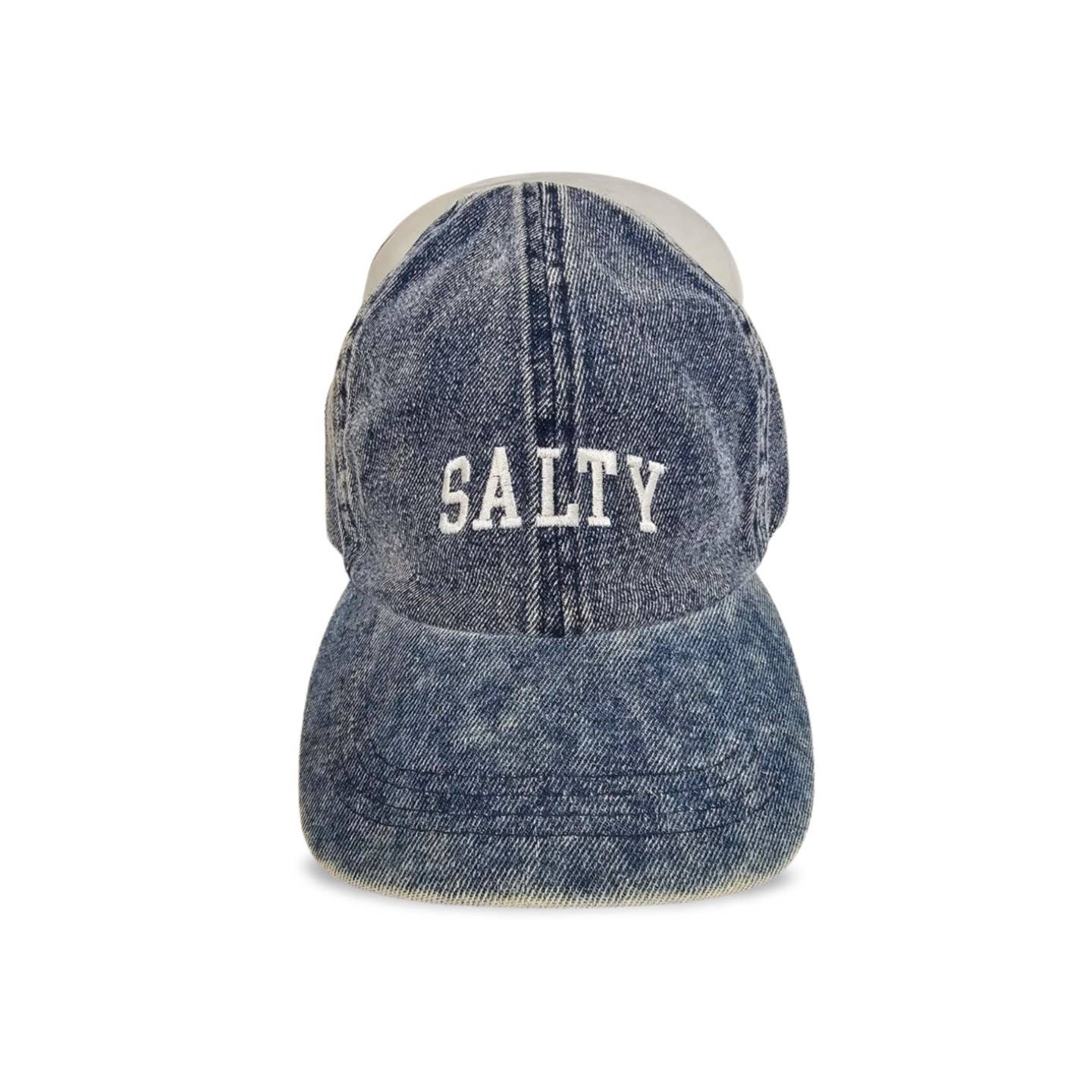 If you love the salty sea and the sunny sky, you'll love this Salty baseball cap in Navy Denim! It's made of a durable denim fabric and has a washed-out look that gives it a vintage vibe. The Salty Stone font is a casual script that adds some flair to your hat. This cap is perfect for beach days, boat trips, or just hanging out with your friends. Don't miss this chance to get your Salty Stone font baseball cap today!