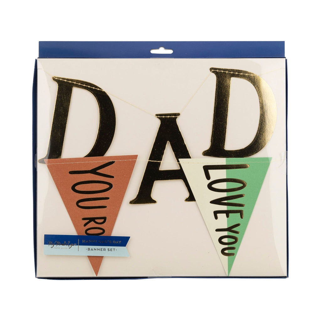 Celebrate Father's Day in style with our Father’s Day Banner Set! Perfect for any party, our banners add a fun touch to your décor. Show your dad some love with this unique and playful set. Order now and make your celebration one to remember!

Details:

Includes 2 paper banners
Happy Dad's Day banner, 6' long
Pennant flag banner, 6' long
Pieces are 5" - 6" tall
gold foil