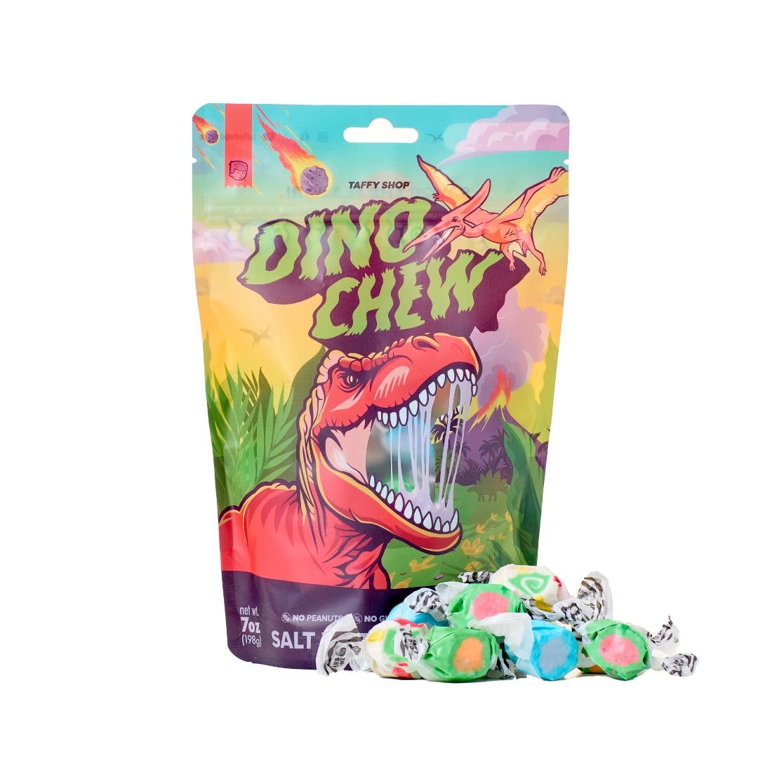 Roar into a prehistoric treat with our Dino Chew Taffy Bag. This dino-mite assortment features a fossil-fueled lineup of flavors: Pterodactyl Ptaffy (breakfast cereal), Meteor Munch (coconut+passion fruit+mango+lime), Stego-Melon (watermelon), and Bronto-Berry Blast (blueberry). Perfect for young explorers and seasoned dino fans alike, this taffy collection brings the thrill of the ancient past to every chew!