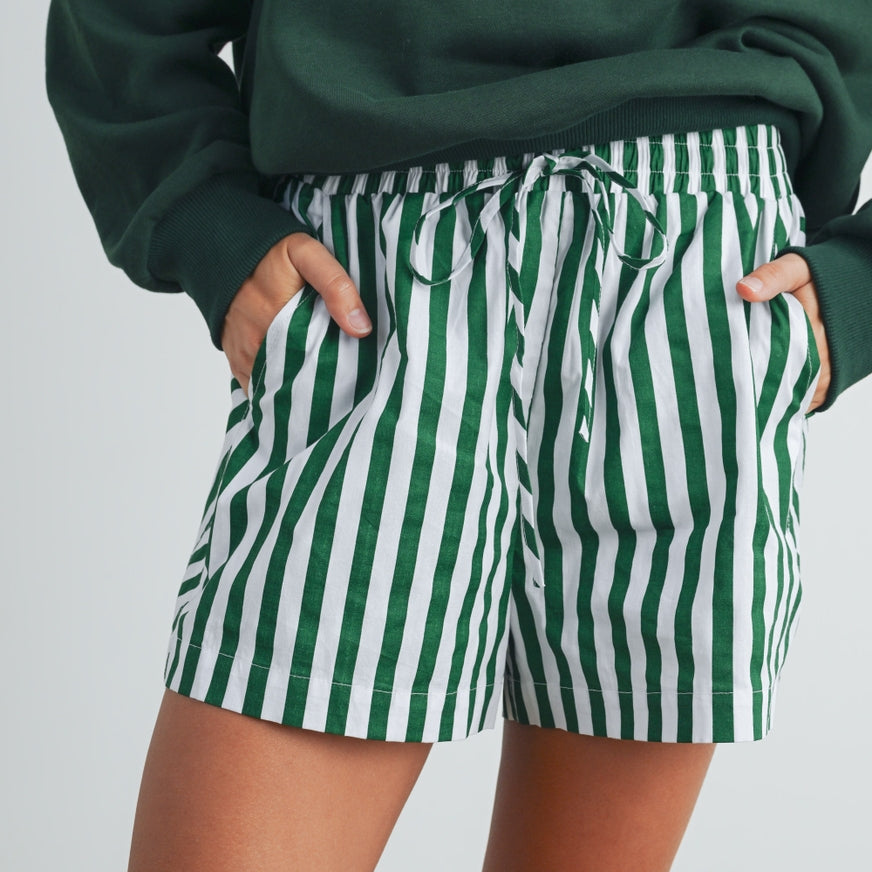 Green Striped Drawstring Pocket Boxer Shorts