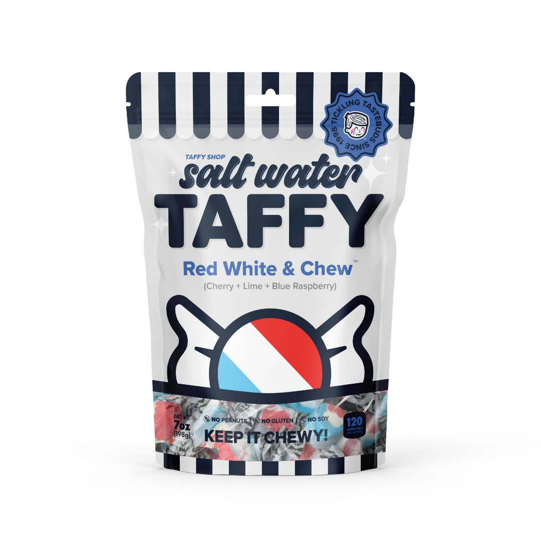 Enjoy the patriotic flavors of Red, White, &amp; Chew™ Saltwater Taffy, combining ripe cherry, zesty lime, and tangy blue raspberry. This vibrant taffy delivers a colorful and flavorful chew that's perfect for every occasion. Taffy Shop's Red White &amp; Chew™ gourmet saltwater taffy is guaranteed fresh. Made with love in the USA.