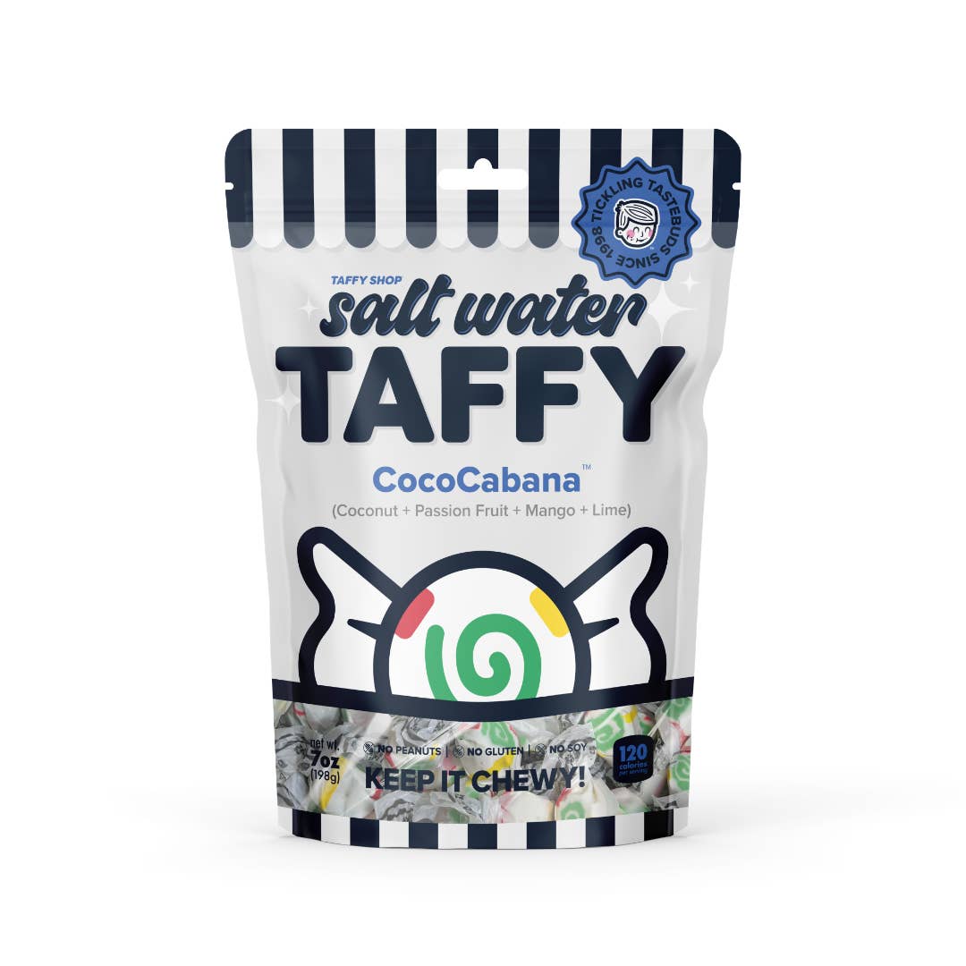 It's name is Coco, CocoCabana™, the softest taffy north of Nevada... CocoCabana™ is a tropical paradise mix of Coconut + Passion Fruit + Mango + Lime....you'll fall in love. Taffy Shop's CocoCabana™ saltwater taffy is guaranteed fresh. Made with love in the USA.