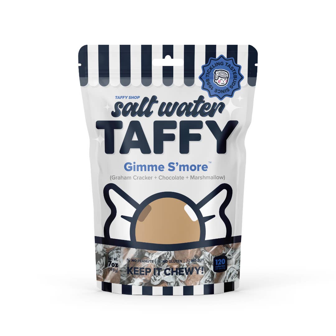 
No tents, no campfires, no problem! Now you can enjoy s'mores in the comfort of your own home year-round! Taffy Shop's Gimme S'more™ saltwater taffy is guaranteed fresh.