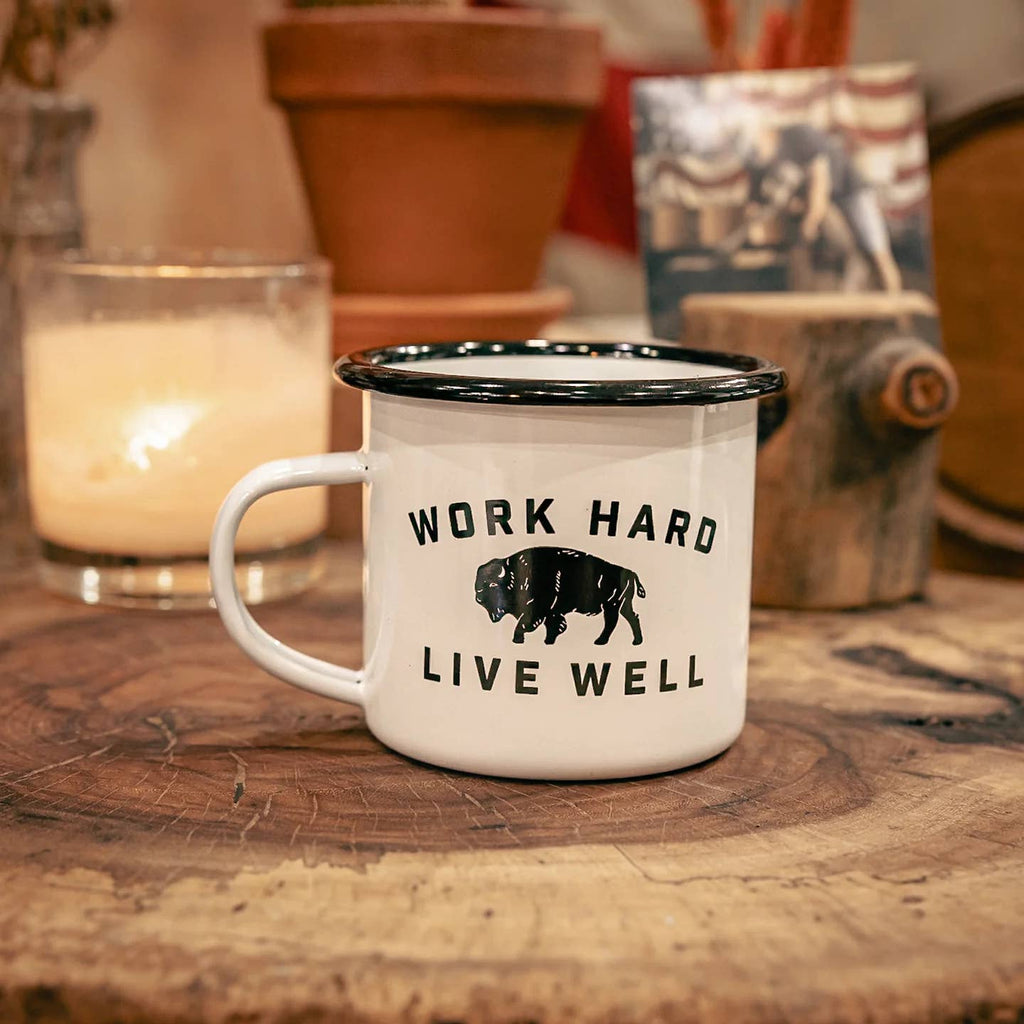 Start your day with style using our durable enameled coffee mug, featuring our exclusive Big Bison design that adds a bold touch to every sip. Crafted for adventure and everyday moments alike, this lightweight yet sturdy mug is perfect for home, office, or the great outdoors. Whether you're fueling up on coffee or winding down with tea, this mug is your go-to companion for sipping in style!