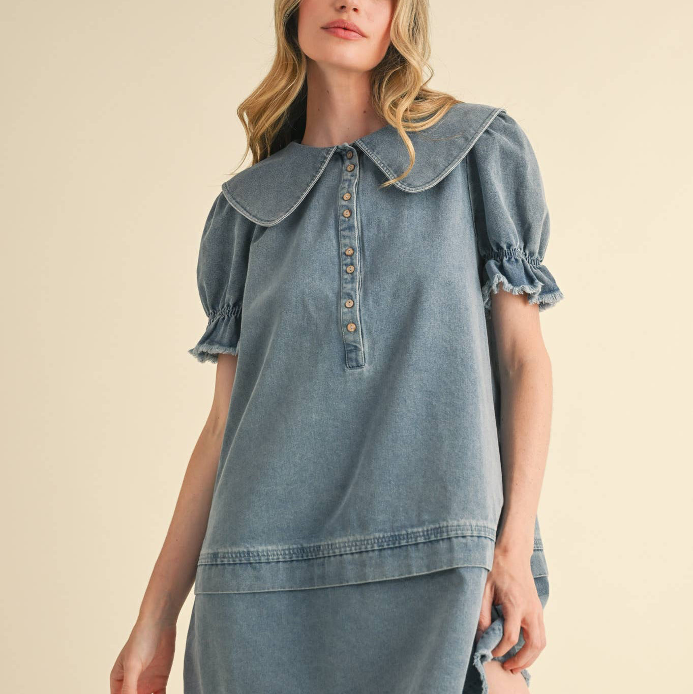 Doll Collar Button Down Denim Mini Dress