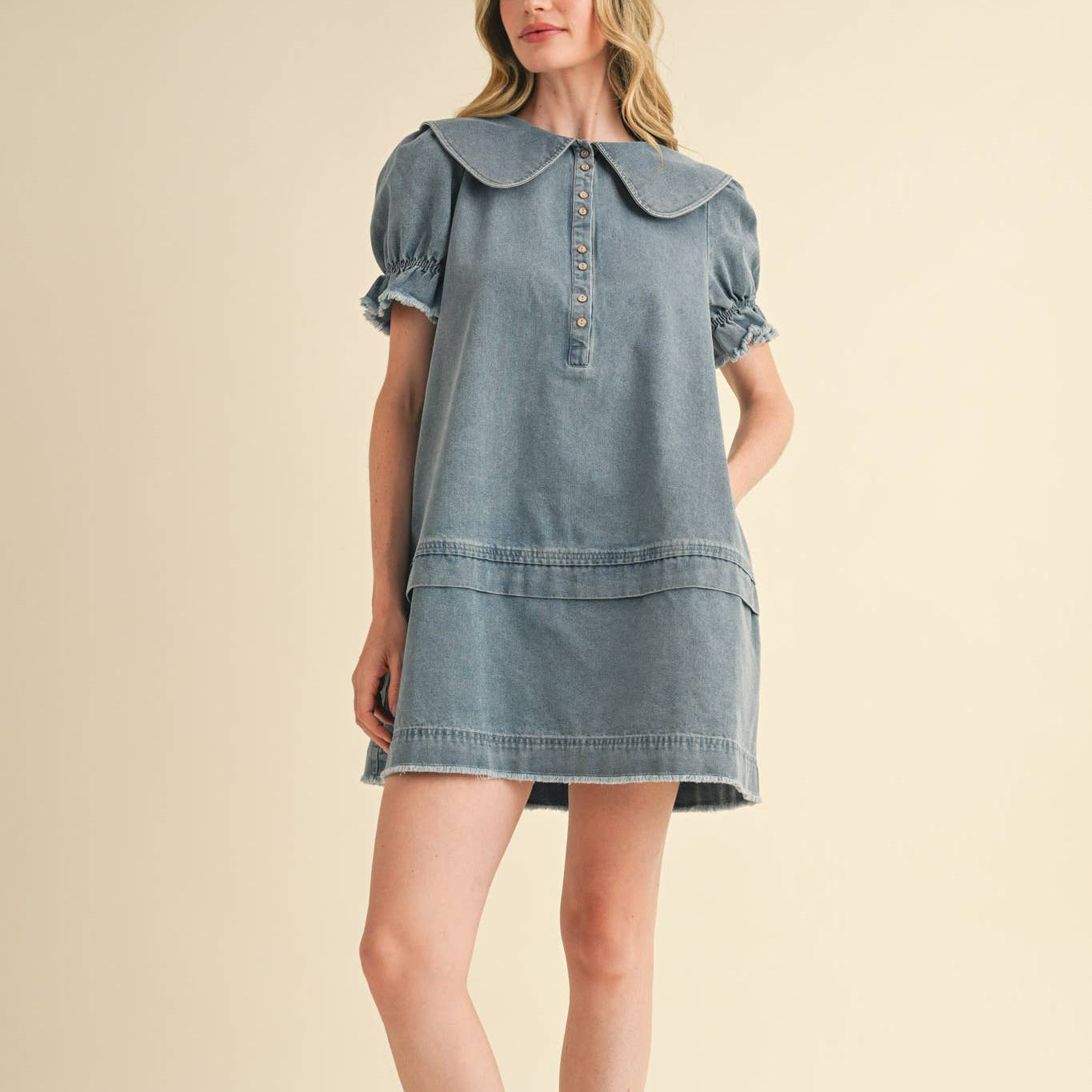 Doll Collar Button Down Denim Mini Dress
