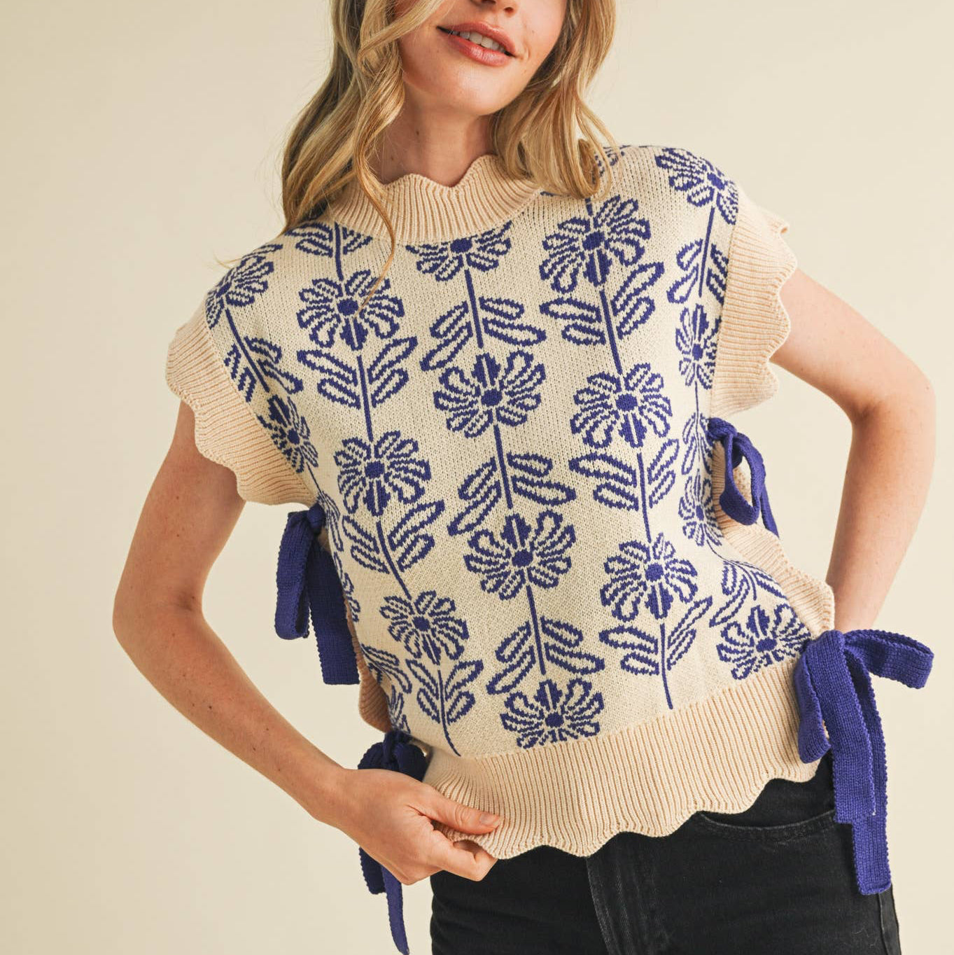 Mock Neck Floral Sweater Vest