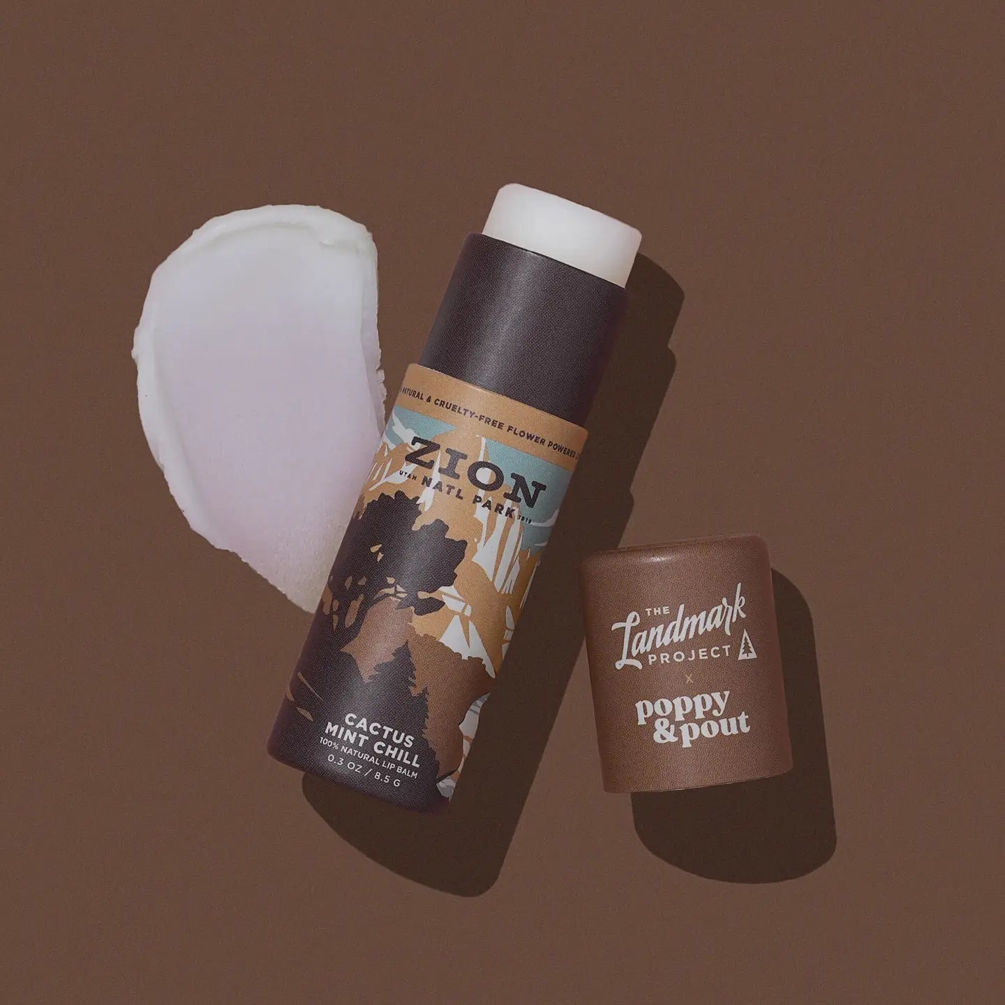 Zion Cactus Mint Chill: A cooling blend of crisp cactus and mint gives a burst of freshness just like the serene beauty of Zion’s desert landscapes. Every Poppy & Pout lip balm is made with 100% natural ingredients and hand-poured into eco-friendly cardboard tubes!