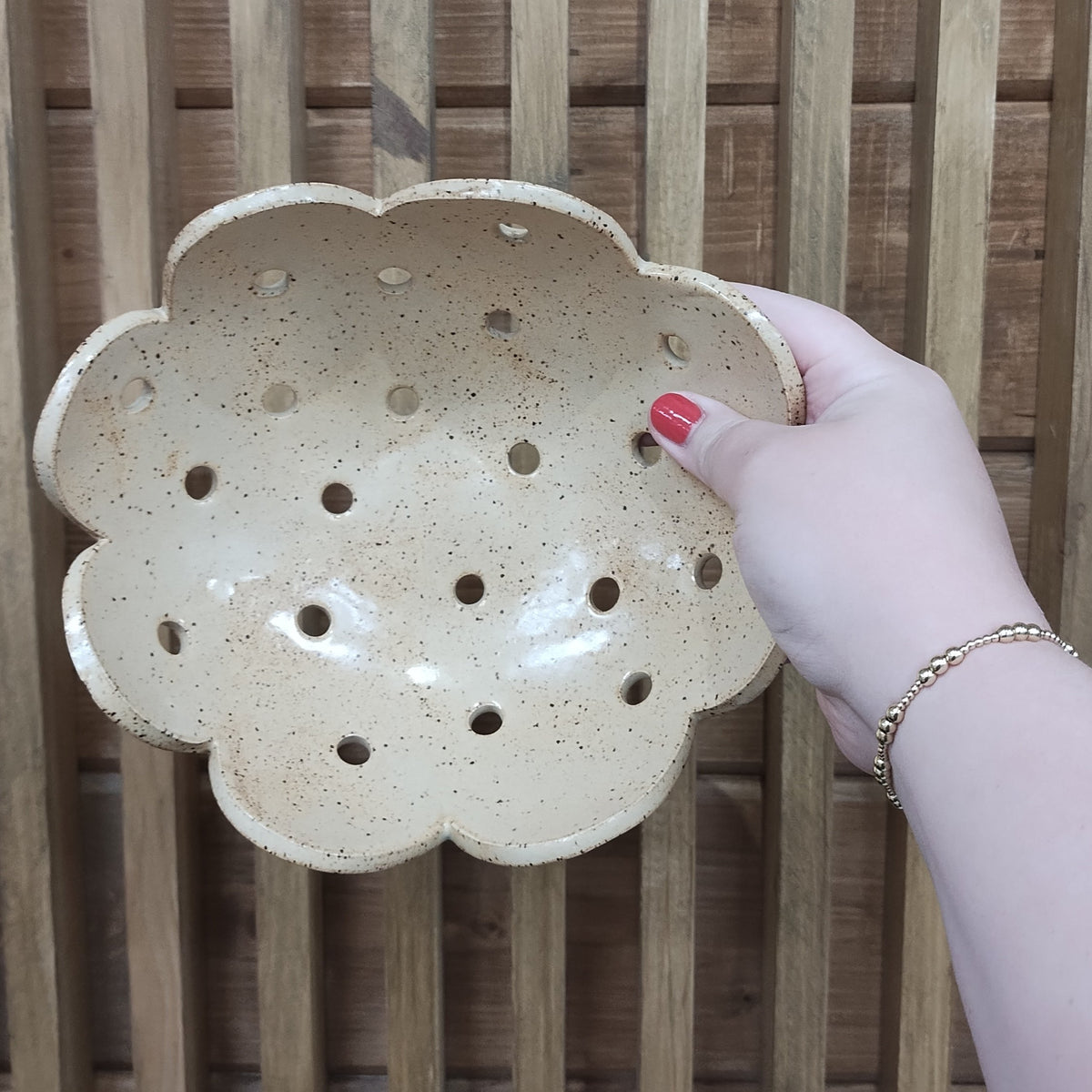 Butter yellow speckled scalloped berry bowl.