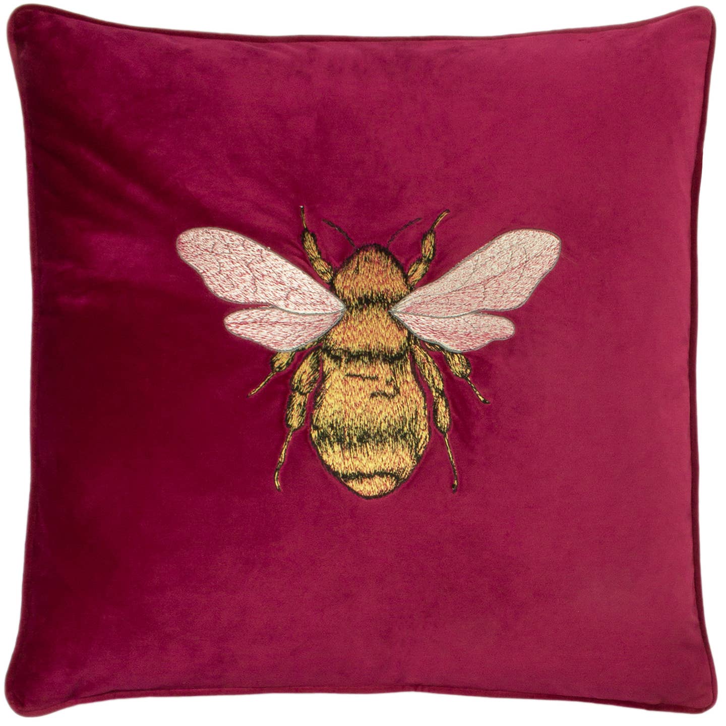 Elevate your living space to new heights with the luxuriously stitched Bee design on a soft velvet background. Complete with coordinating coloured piped edges, this cushion will sit within many modern interiors.