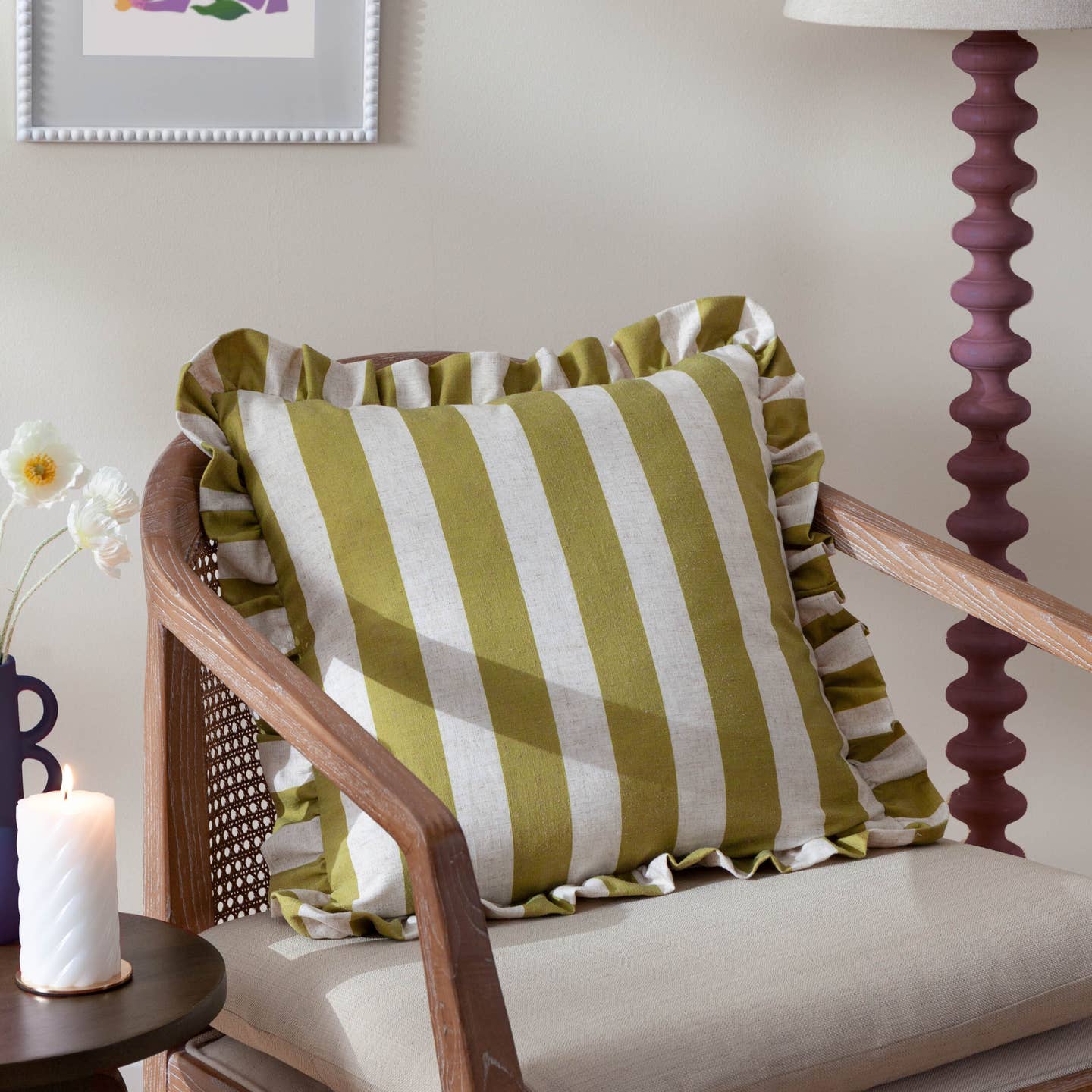 Linen Olive Striped Ruffle Pillow - Thumbnail 2