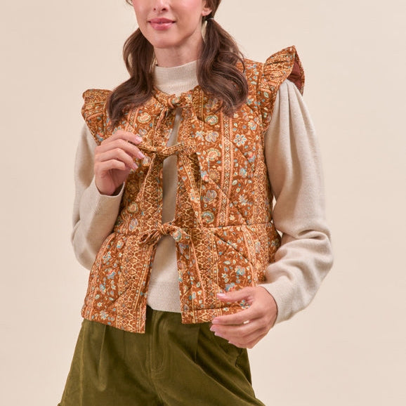 Quilted Floral Vest with Flutter Sleeves