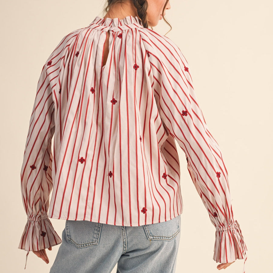Striped Ruffle Neck Top with Floral Embroidery - Red