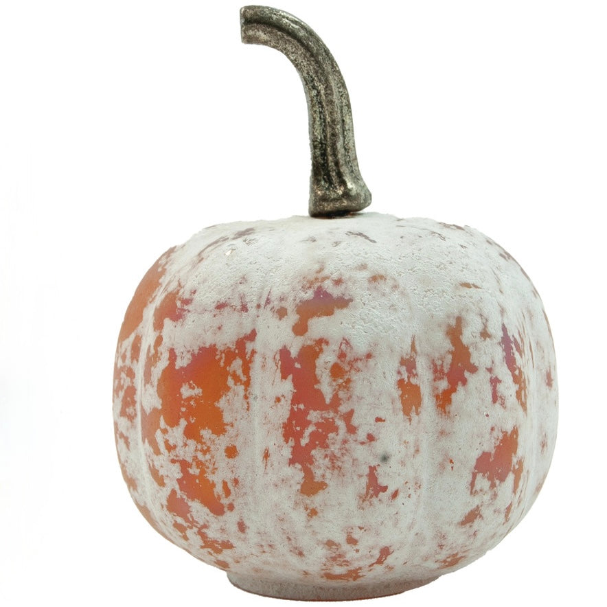 Decorative pumpkin with a white and orange distressed finish on a white background
