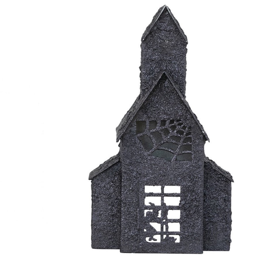 Decorative black birdhouse with spider web design on a white background