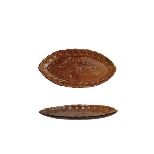 Debossed Flora Oval Stoneware Scalloped Plate - 4 Color Options
