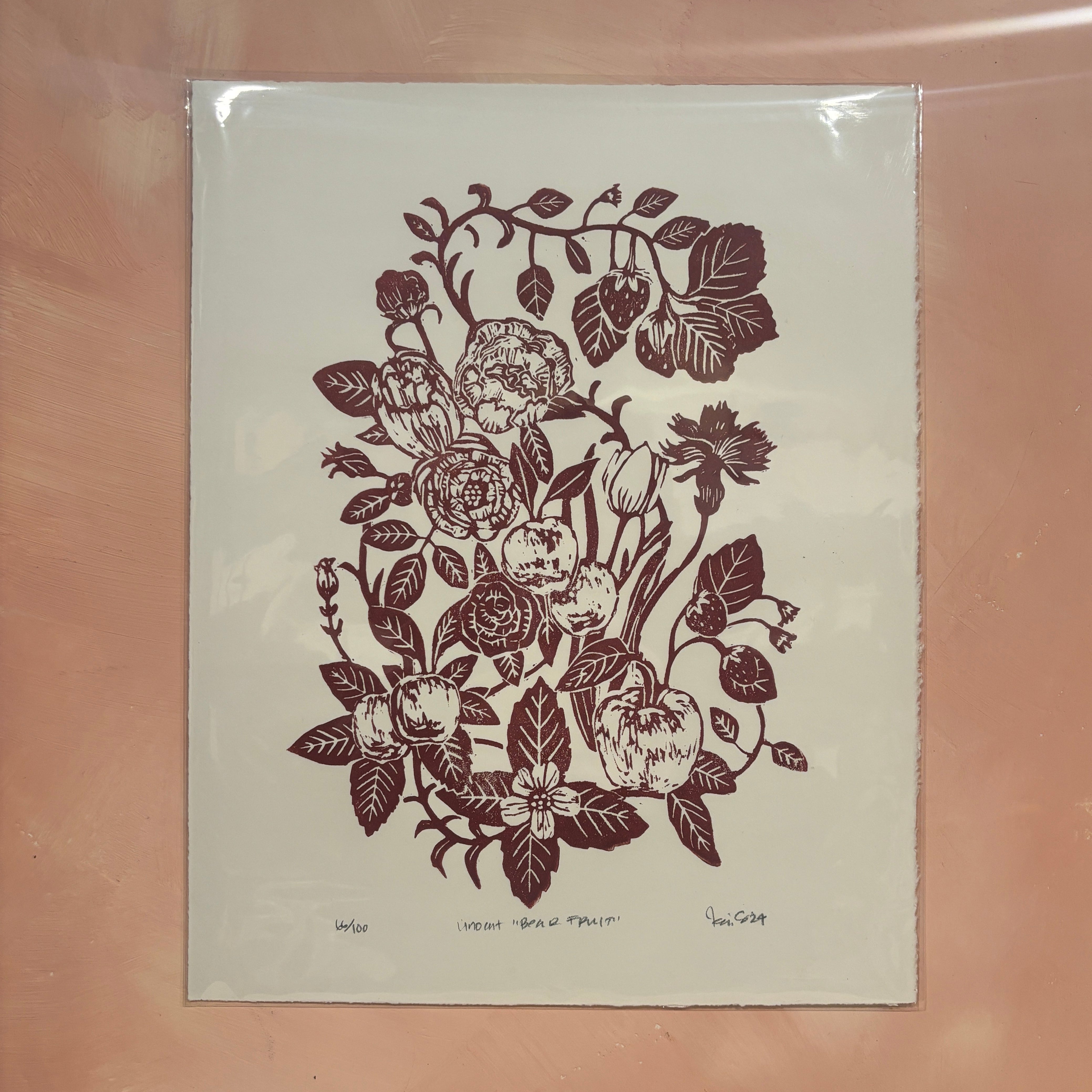 hand carved and pressed red 11x14 print of bear fruit