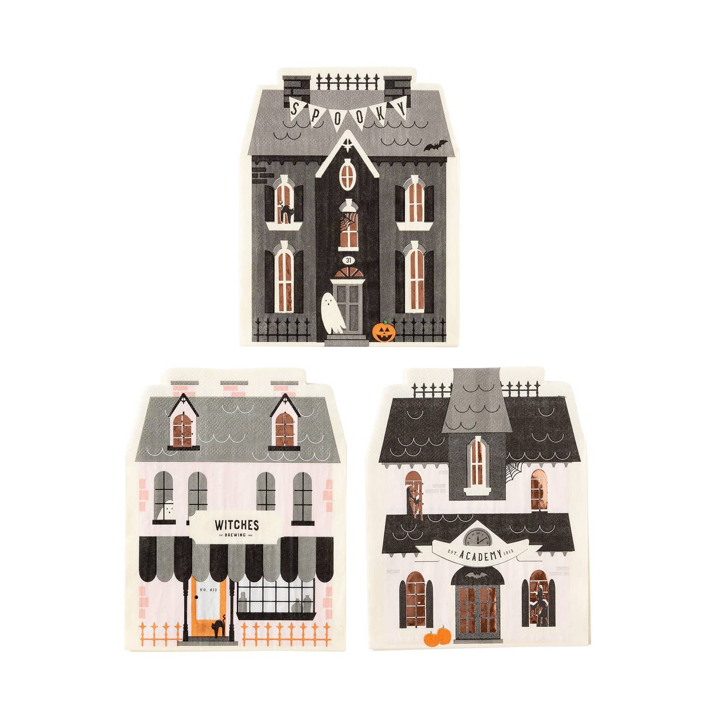 Get your party guests into the spooky spirit with these Haunted House Napkins! Each napkin is shaped like a haunted house, perfect for your Halloween party. Avoid spills while adding a touch of fun to your table setting.

Details:

15 5.25" x 6.625" napkins
copper foil
5 each of 3 designs