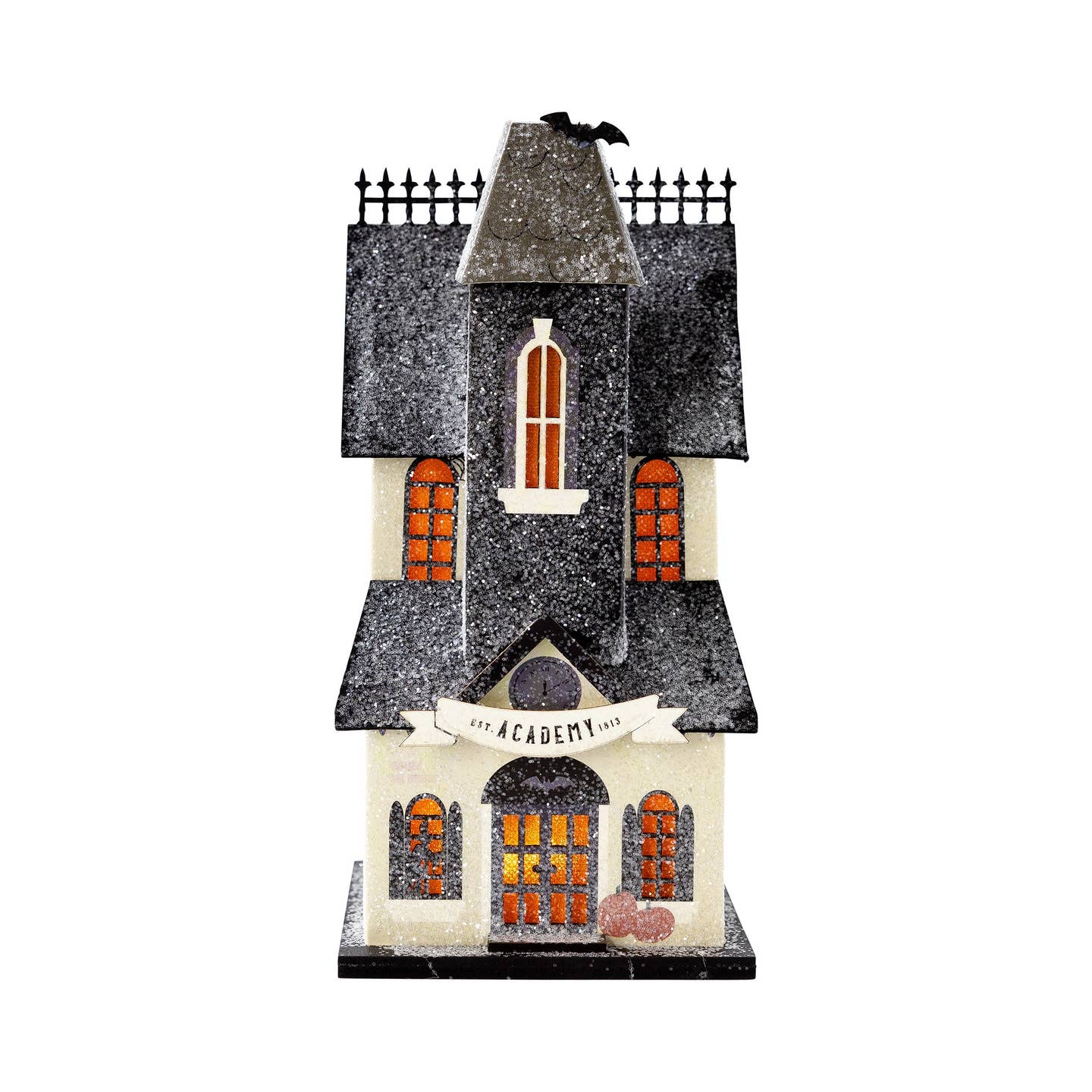 Add some supernatural flair to your home our Halloween Academy decor! Add some spooky flair to your home with this decorative piece. Perfect for creating a fun Halloween-themed village, this eerie addition is sure to be the talk of the town.

Details:

House is 4" wide x 4" deep x 8" tall
Constructed of heavyweight paperboard with glitter accents
includes battery powered light inside (please keep out of reach of small children)