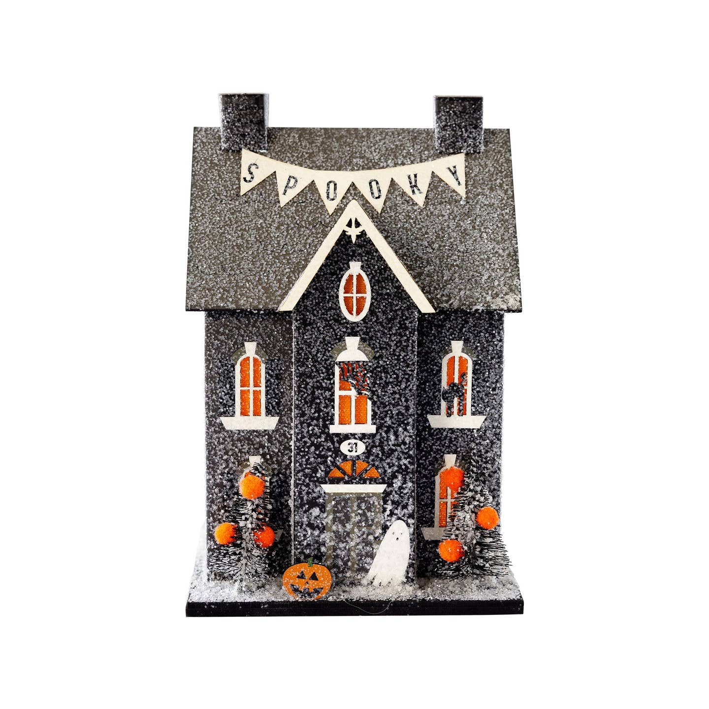 Get ready for some wicked fun with our Haunted Home village house. Perfect for all your Halloween decorating needs.

Details:

House is 4" wide x 3.25" deep x 7.5" tall
Constructed of heavyweight paperboard with glitter accents
includes battery powered light inside (please keep out of reach of small children)