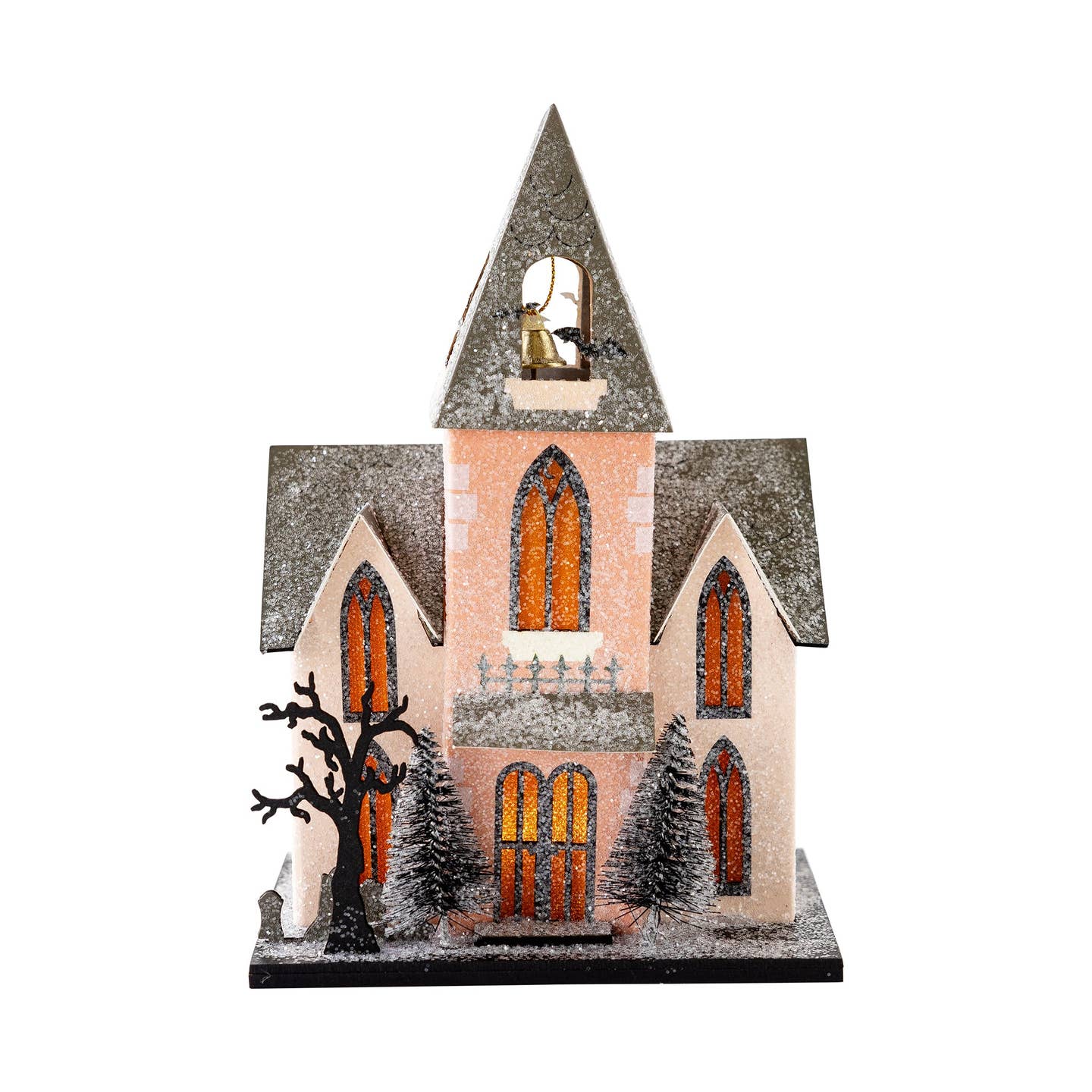 Add some spook and spirit to your home with our Halloween Church! Perfect for your Halloween village, this decor will bring a festive touch to any space. Don't miss out on this eerie addition.

Details:

House is 5.75" wide x 4" deep x 8" tall
Constructed of heavyweight paperboard with glitter accents
includes battery powered light inside (please keep out of reach of small children)
