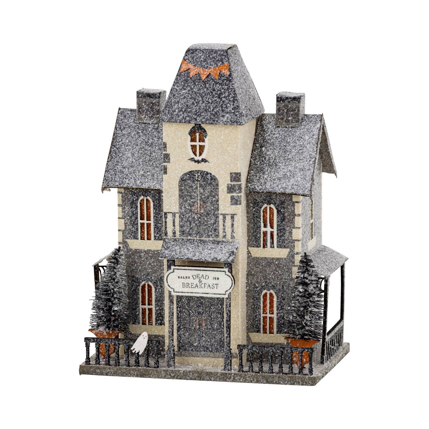 Add a touch of spooky charm to your Halloween village with our "Dead &amp; Breakfast" haunted house! This wickedly fun decoration features ghostly guests, eerie details, and a playfully macabre design that's perfect for your Halloween party setup. Create the ultimate spooky scene that will have everyone dying to stay the night at this haunted hotspot!

Details:

House is 5.75 wide x 4" deep x 7.75" tall
includes battery powered light inside
BATTERIES NOT INCLUDED