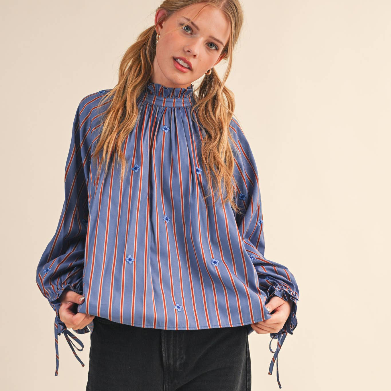 Striped Ruffle Neck Top with Floral Embroidery - Blue