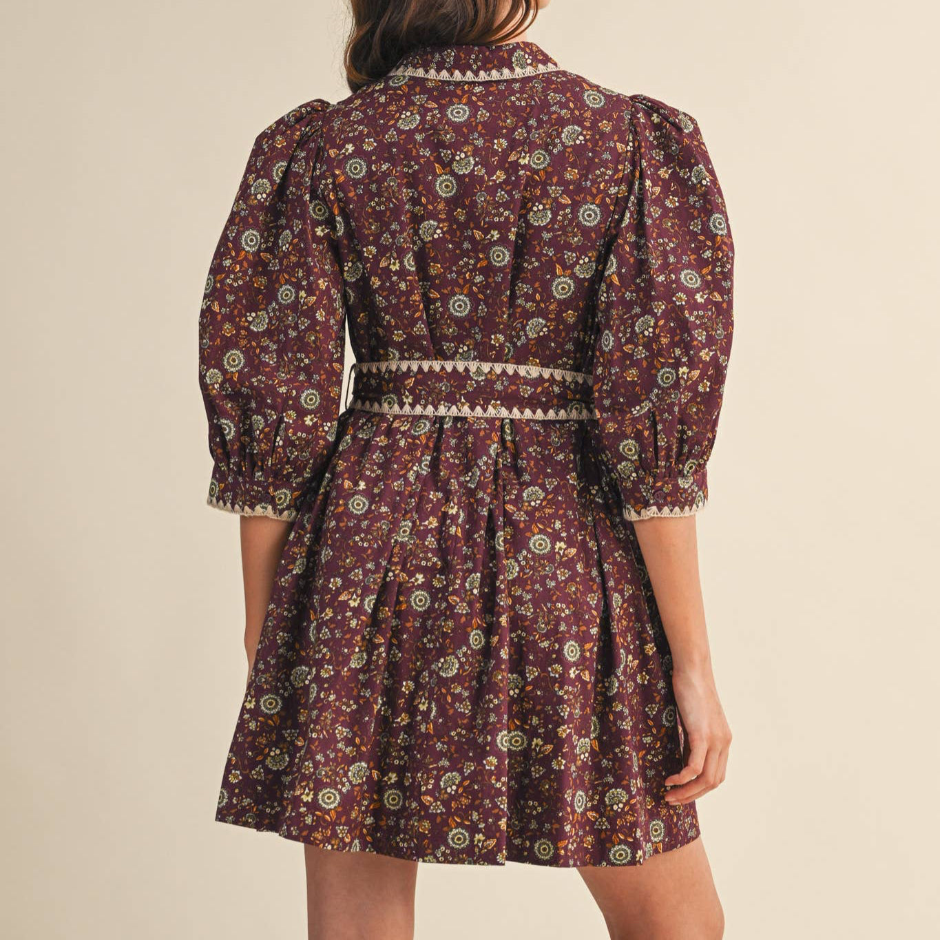 Blanket Stitch Puff Sleeve Floral Mini Dress