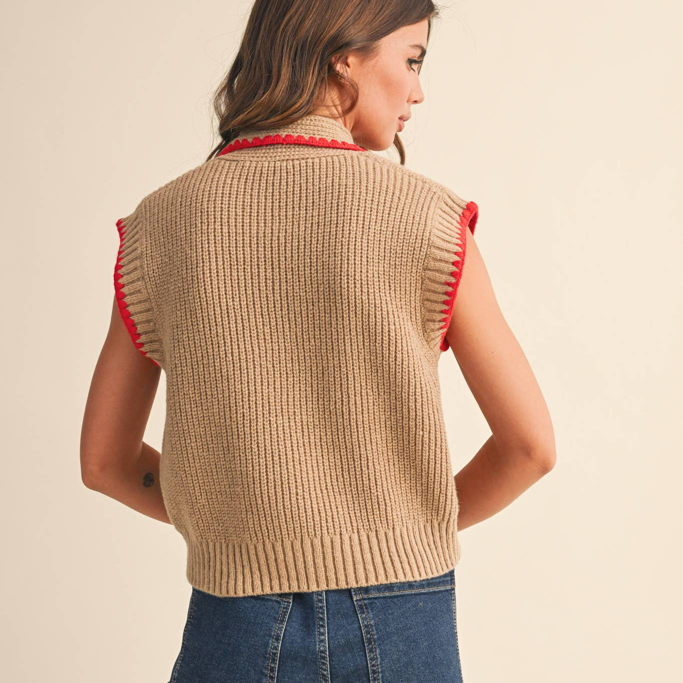 Tie Neck Sweater Vest with Contrast Blanket Stitch