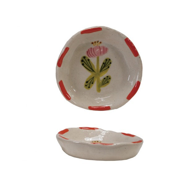 Hand-Painted Flower Stoneware Dish - Orange