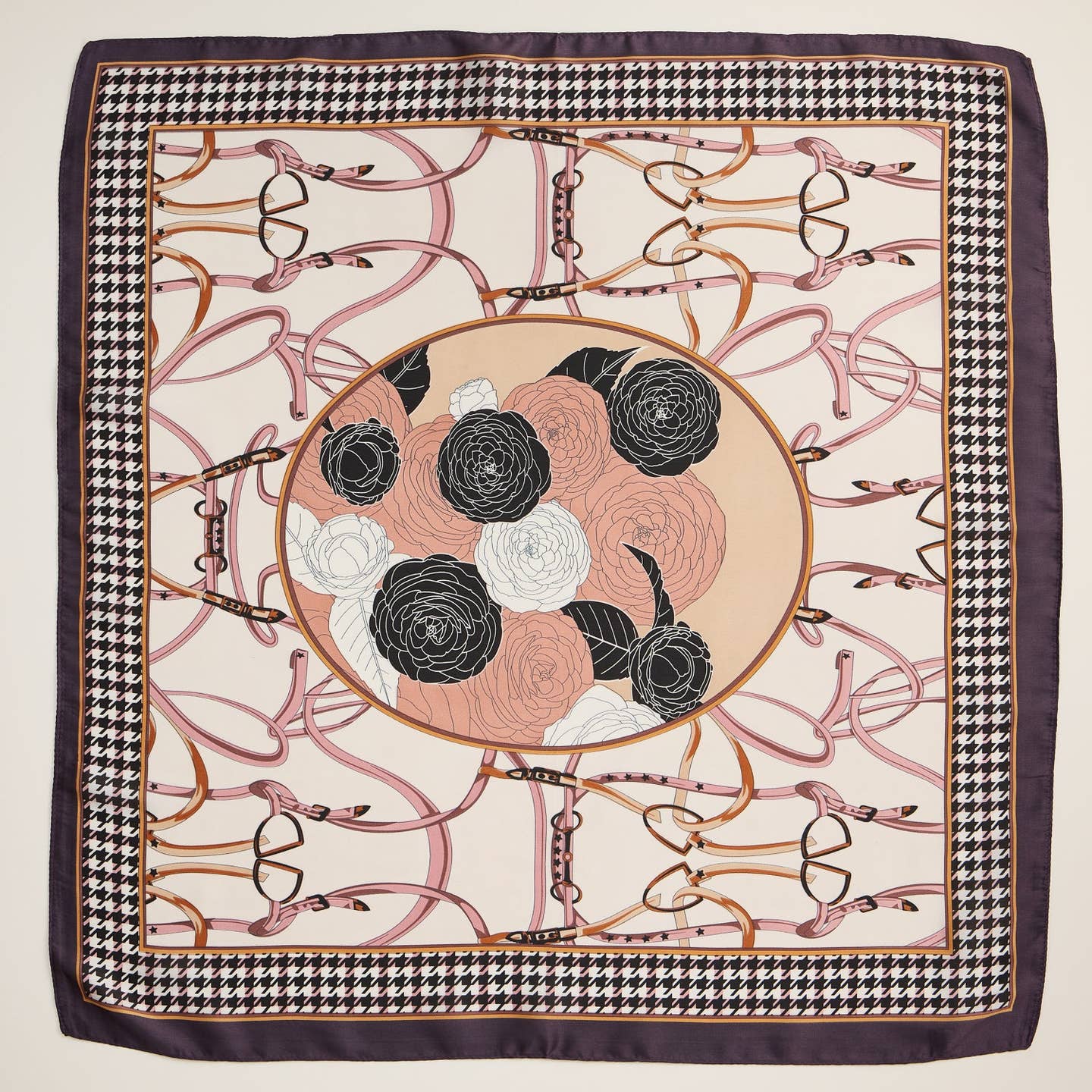 Embrace timeless elegance with this floral and equestrian-inspired scarf, blending sophisticated elements of horse bits, bridles, and romantic roses. The bold houndstooth border adds a touch of classic refinement, making this silk-like square scarf a must-have accessory for any fashion-forward wardrobe. Soft, lightweight, and versatile, this scarf can be worn around the neck, as a hair accessory, or tied to your handbag for a polished touch.