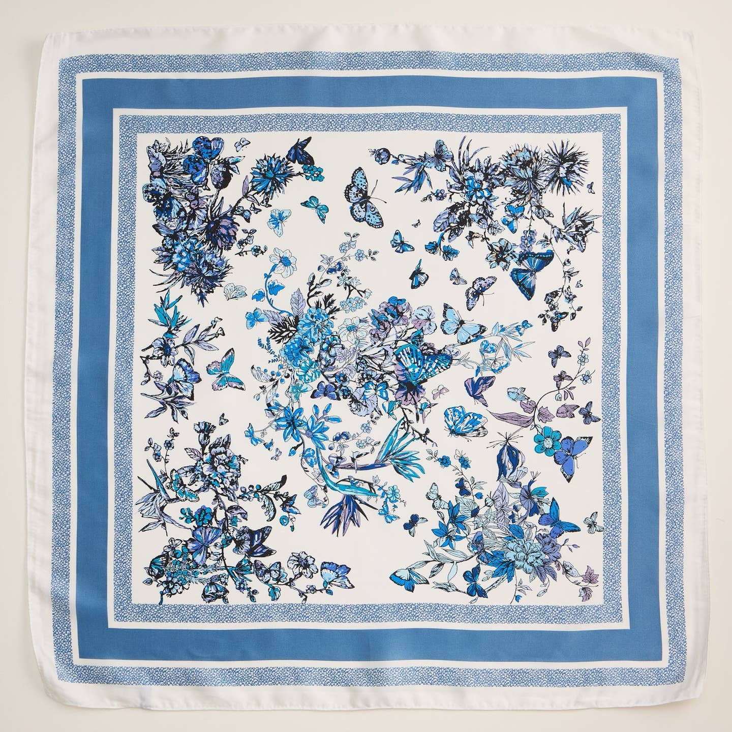 Delicate and sophisticated, this floral butterfly print scarf brings a touch of nature-inspired elegance to your wardrobe. Made from high-quality polyester with a silk-like texture, it offers a soft, smooth, and lightweight feel for all-day comfort. The intricate butterfly and floral design is framed by a classic border, making it a stunning statement piece for both casual and formal outfits.