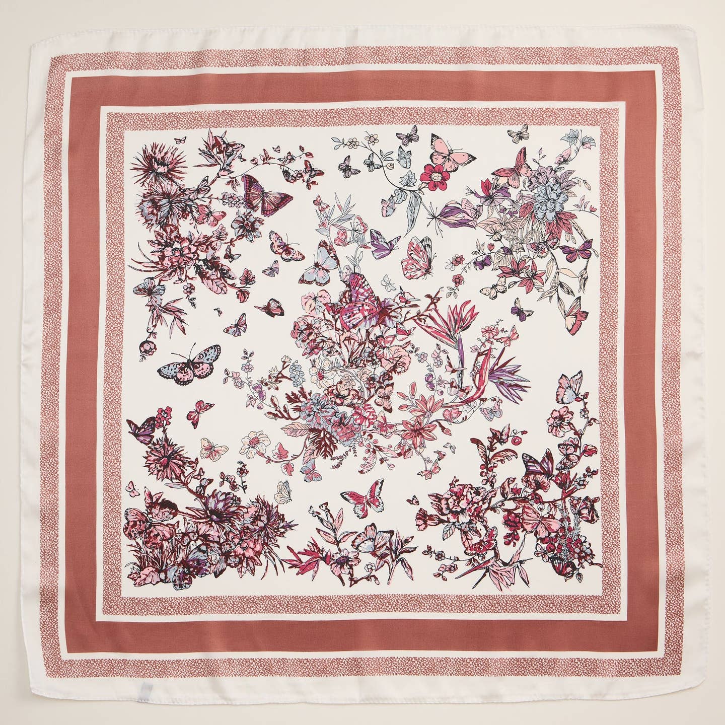 Delicate and sophisticated, this floral butterfly print scarf brings a touch of nature-inspired elegance to your wardrobe. Made from high-quality polyester with a silk-like texture, it offers a soft, smooth, and lightweight feel for all-day comfort. The intricate butterfly and floral design is framed by a classic border, making it a stunning statement piece for both casual and formal outfits.