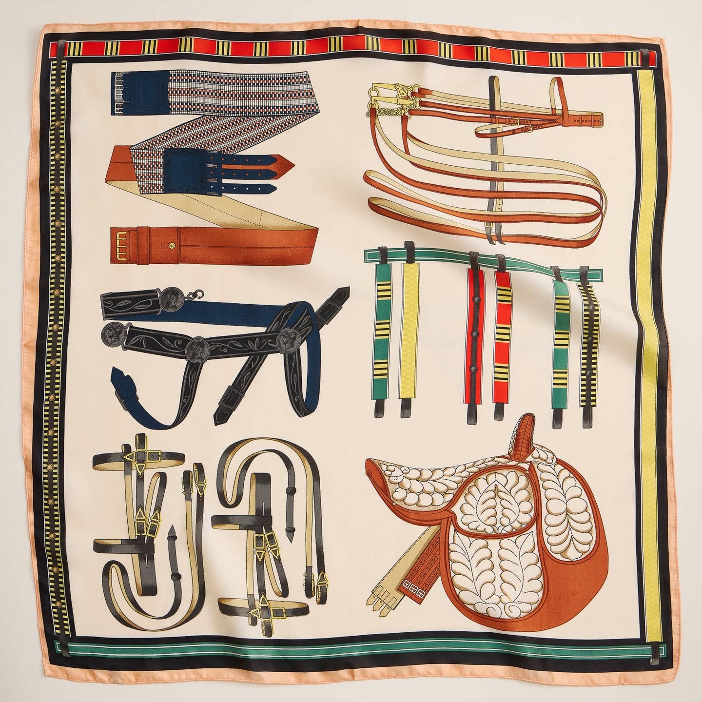 Elevate your wardrobe with this equestrian-inspired square scarf, featuring an intricate vintage saddle, bridle, and tack print. Crafted from high-quality polyester with a silk-like texture, this scarf offers a luxurious feel while remaining lightweight and easy to style. The bold colors and refined design make it a statement piece that adds a touch of classic elegance to any outfit.