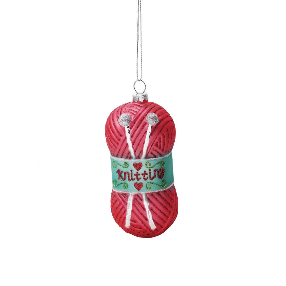 Glittery Glass Hot Pink Yarn & Needles Ornament