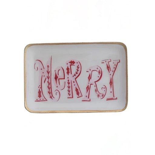 Holiday Pink Deco Enameled Metal Tray - "Merry"