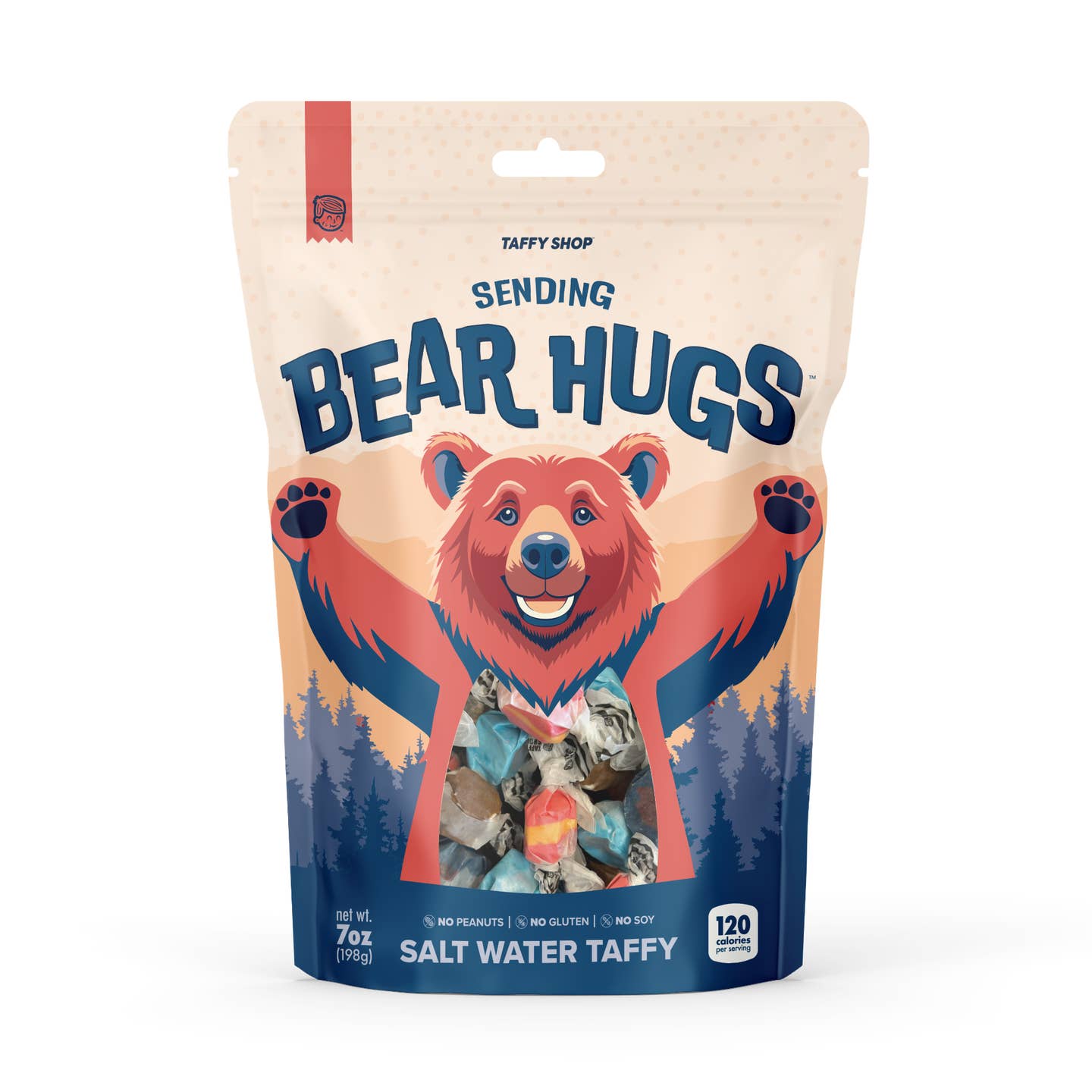 Send hugs, prayers, good vibes, well wishes, and love with the cuddly taffy bear featured on this unique and heartwarming bag. The taffy inside might do the trick as well. Taffy Shop's saltwater taffy is guaranteed fresh. Includes an assortment of some of our best-selling taffy flavors.

Details:

7 oz = *approximately 30 pieces