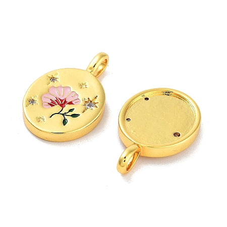 The Glimmering Pink Blossom Charm brings a delicate touch of elegance with its soft pink blossom design and radiant cubic zirconia accents. Crafted on a gleaming gold round charm, this piece adds subtle sparkle to any bracelet or necklace. Perfect for expressing your unique style, it complements your jewelry collection with a gentle, uplifting charm.

Details:

Long-Lasting Real 18K Gold Plated Plated, Lead Free &amp; Cadmium Free
Size:21x13x2.5mm, hole:2mm
Color: Pink
Material: Brass+Cubic Zirconia+Enamel