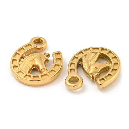 This gold-colored horseshoe charm features a detailed horse head at its center, symbolizing good luck and strength. Perfect for adding a meaningful touch to charm bracelets or necklaces, it’s a thoughtful accessory that celebrates your love of horses while complementing everyday wear. Durable and stylish, it makes a supportive gift or personal keepsake.

Details:

Color: Real 18K Gold Plated
Size: 16x13x2.5mm, hole:2mm
Material: 304 Stainless Steel