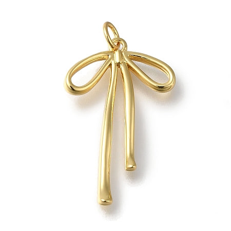 This gold-colored long draping bow charm adds an elegant and graceful touch to any bracelet or necklace. Its flowing design brings sophistication and charm, perfect for enhancing your jewelry collection or gifting someone special. A beautiful accessory that supports your style with timeless appeal.

Details:

Cadmium Free &amp; Lead Free, Long-Lasting Real 18K Gold Plated
Size: 30.5x19.5x3mm, hole:3mm
Material: Brass