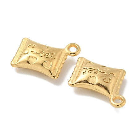 This gold-plated "Sweet" treat charm adds a delightful touch to any bracelet or necklace. Its charming design celebrates the simple joys, making it a perfect accessory to brighten your day or a thoughtful gift to share sweetness with someone special. Durable and elegant, it fits effortlessly into your favorite charm collection.

Details:

Ion Plating(IP) 304 Stainless Steel Pendants, Real 18K Gold Plated
Size: 20x16.5x4.5mm, hole:1.8mm