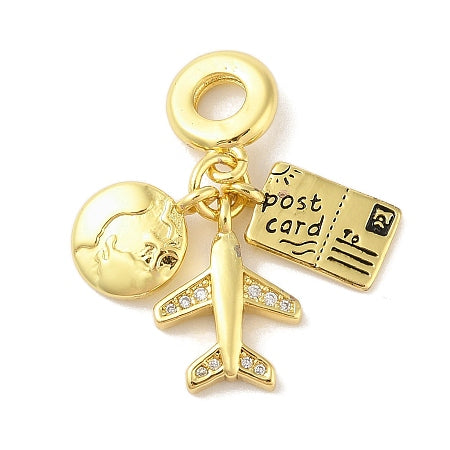 This gold-plated traveling charm features an airplane, postcard, and globe design, perfect for inspiring your sense of adventure. Ideal for bracelets or necklaces, it symbolizes your love for exploring new places and cherishing travel memories. Lightweight and stylish, it makes a thoughtful gift for wanderlust souls or a meaningful addition to your own collection.

Details:

Rack Plating Brass Micro Pave Clear Cubic Zirconia Enamel, Cadmium Free & Lead Free, Long-Lasting Real 18K Gold Plated
Size: 30mm 