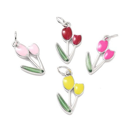 Add a gorgeous touch of spring to your jewelry collection with our delicate Silver Tulip Charms. The colorful enamel tulips are available in four stunning shades and are the perfect addition to your favorite bracelet or necklace. Elevate your style and embrace the beauty of nature with these charming pieces.

Details:

Lead Free & Cadmium Free, Platinum 
brass enamel charm
Available colors: hot pink, light pink, red and yellow
