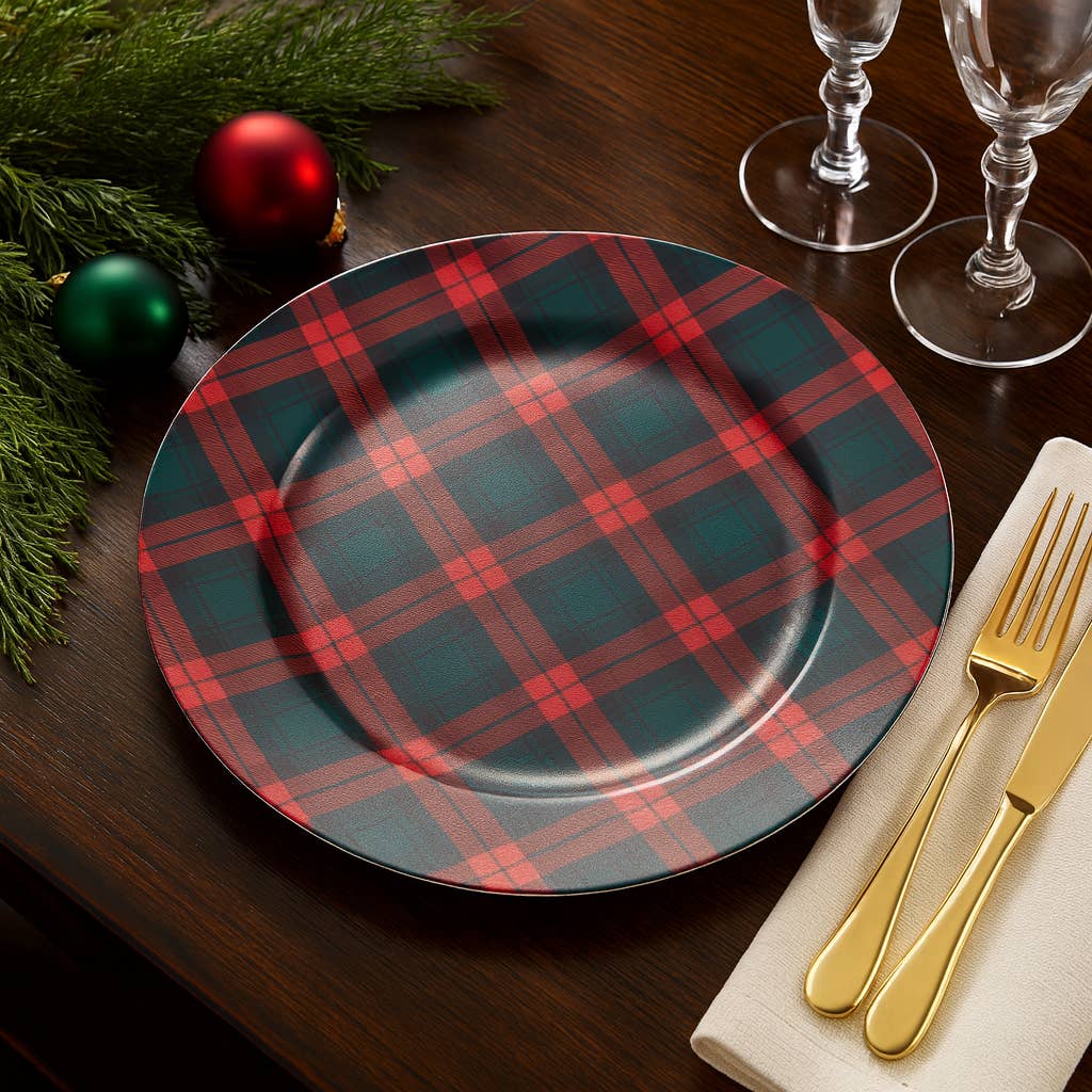 Add festive elegance to your holiday table with this charming 13" diameter charger plate. Available in rich red, vibrant green, and classic plaid patterns, it's the perfect foundation for your place settings. Whether you're hosting an intimate dinner or a large gathering, this versatile charger plate helps you create a warm, inviting atmosphere that celebrates the season. Mix and match colors and patterns to reflect your unique holiday style.

Details:

Size: 13" diameter
Color: Red, Green