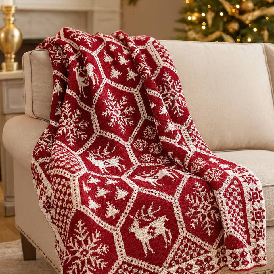 With whimsical reindeers and charming Christmas trees, this festive and fun sweater knit design throw blanket is a cheerful addition to your holiday home décor. The design features a traditional red and white color palette and familiar seasonal themes to make coordinating easy for any space. Complete with a few throw pillows for a warm and cozy spot!

Details:

100% Acrylic
Machine Washable
Red/White
50"W x 60"L