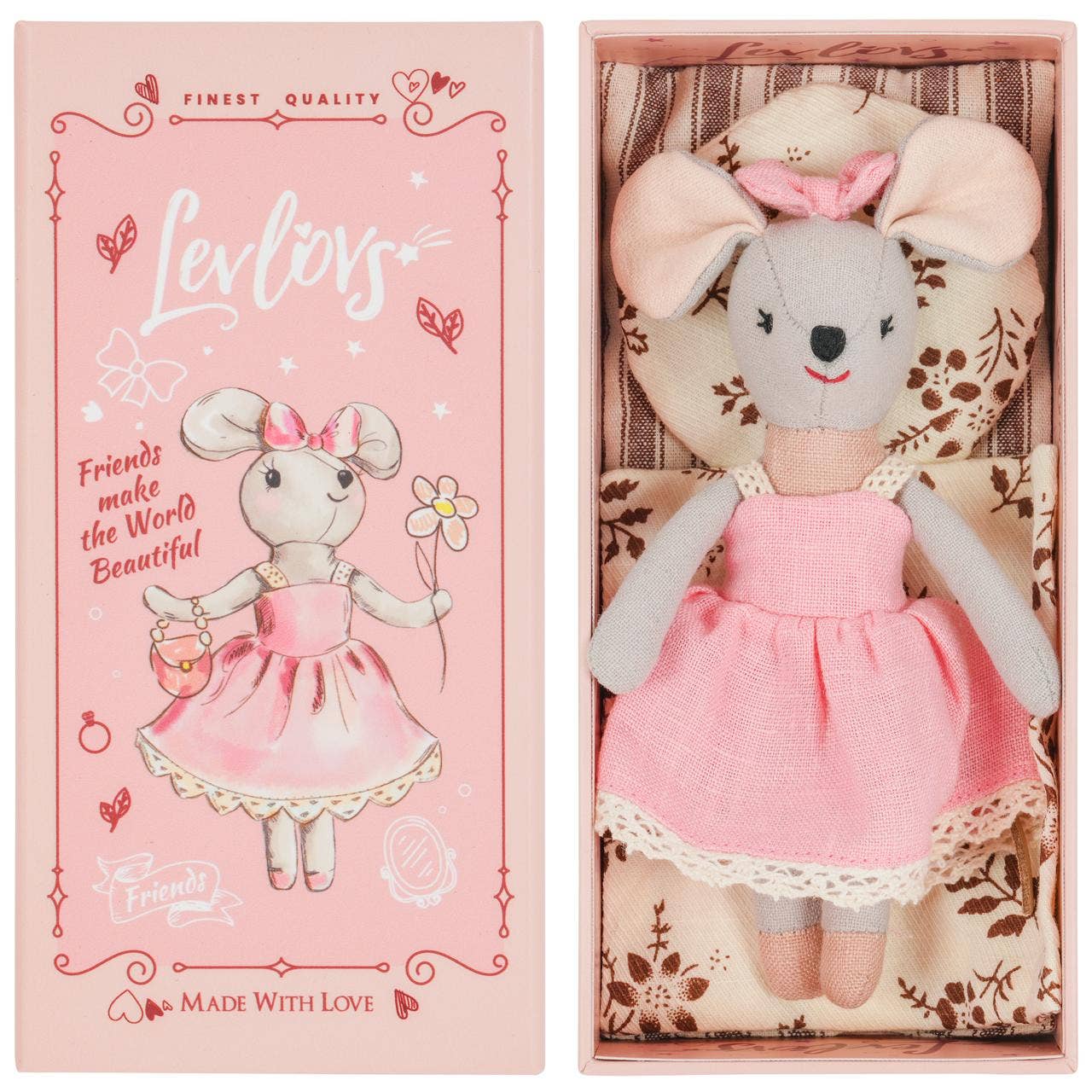 Mouse Lili is the cutest thing ever. She is wearing a simple yet charming pink dress, the kind that feels like it belongs in a fairytale—a soft, cotton fabric with just the right amount of flow, perfect for twirling. And yes, a bow on her head just adds that extra bit of sweetness. Little Mouse Lili is ready to greet you with a smile.