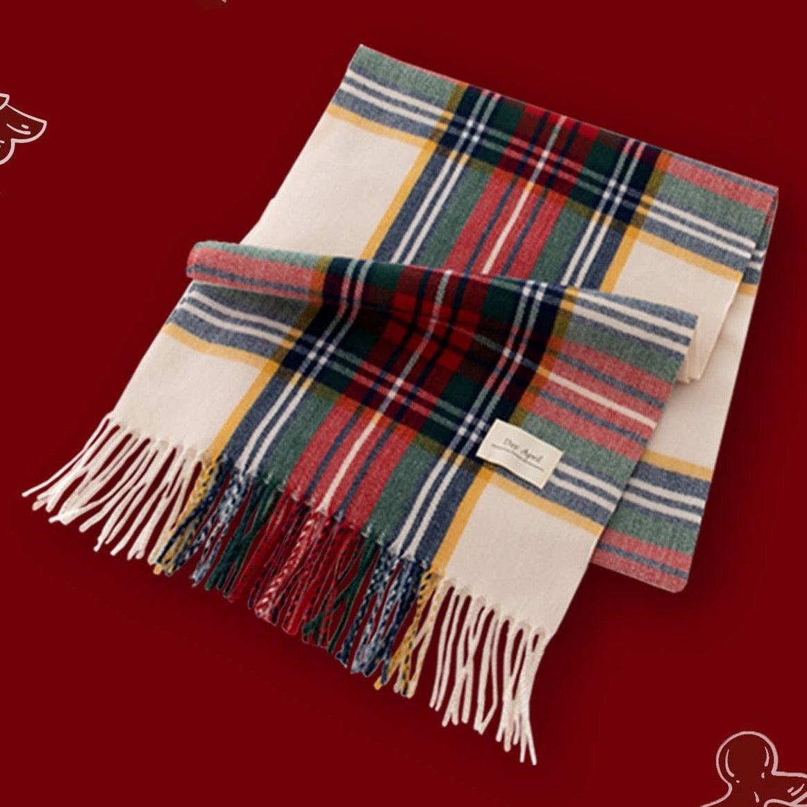 Bright and fresh with a soft white base accented by subtle yellow threads and classic stripes of red, green, and navy. Light, cheerful, and effortlessly festive — a perfect way to bring a little winter brightness to any outfit.

Details:

100% Polyester
Casual, light fitting scarf
Size: 37*200cm