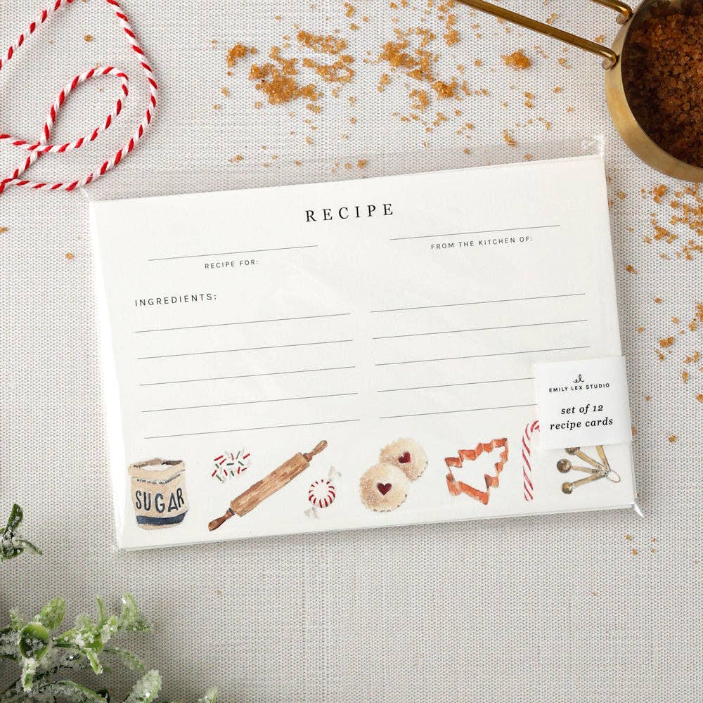 Write down your favorite recipes on the christmas baking recipe cards. There are 12 cards with space for ingredients on one side and instructions on the back. Perfect for including with treats this Christmas season!



Details

Set of 12 recipe cards
4" x 6"
Printed on eggshell textured paper
Original watercolor artwork by Emily Lex