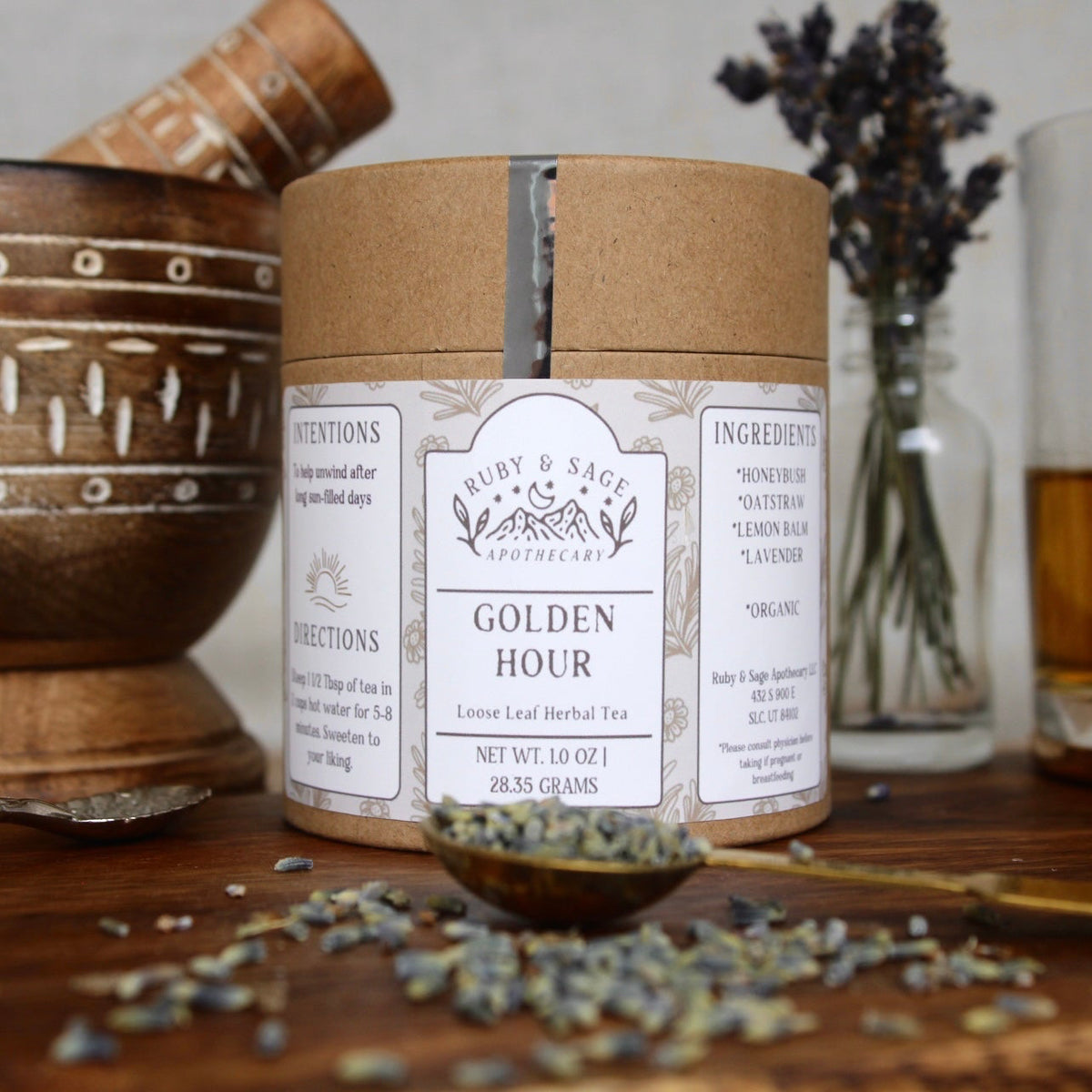 Brown paper container with muted label. 